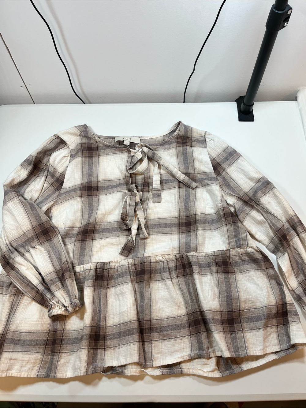 LOFT Brown Cream Plaid Tie Front Peplum Blouse Size L